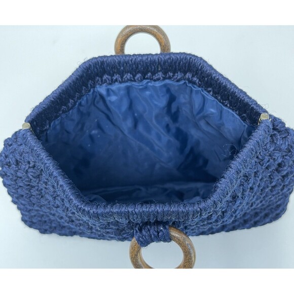 Vintage Boho Crochet Knit‎ Tote Handbag Beach Hobo, Clutch Handbag Navy Blue - Picture 6 of 9